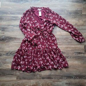 NWT Women's Medium American Eagle Maroon Floral Print Dress Long Sleeve